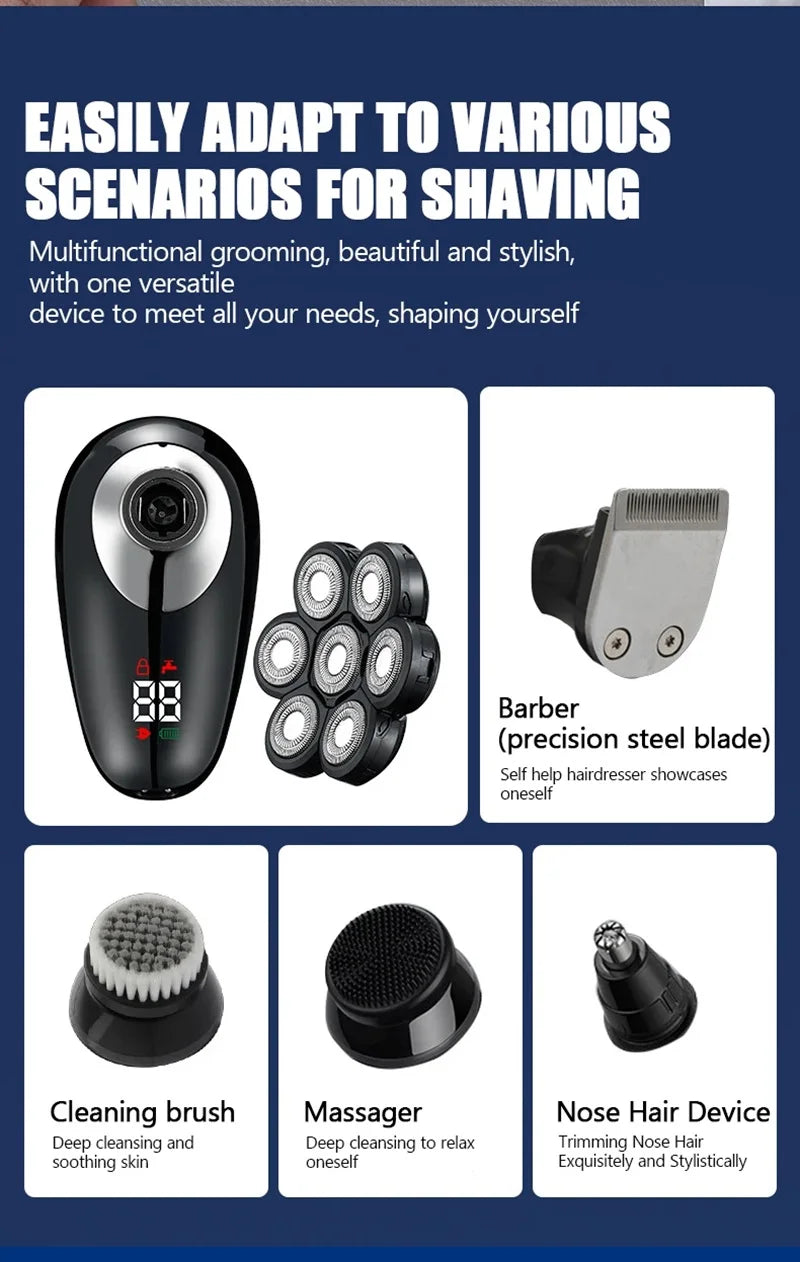 5 In 1 Electric Shaver For Men Bald Head Hair Clipper Nose Trimmer 7D Floating Blade Head Shaving Beard Knife Rechargeable Razor