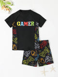 Boy Swimsuit 2026 New Graffiti Print Short Sleeve Children Swimwear Summer Two Piece Kids Beach Wear Swimming Bathing Suit Boys
