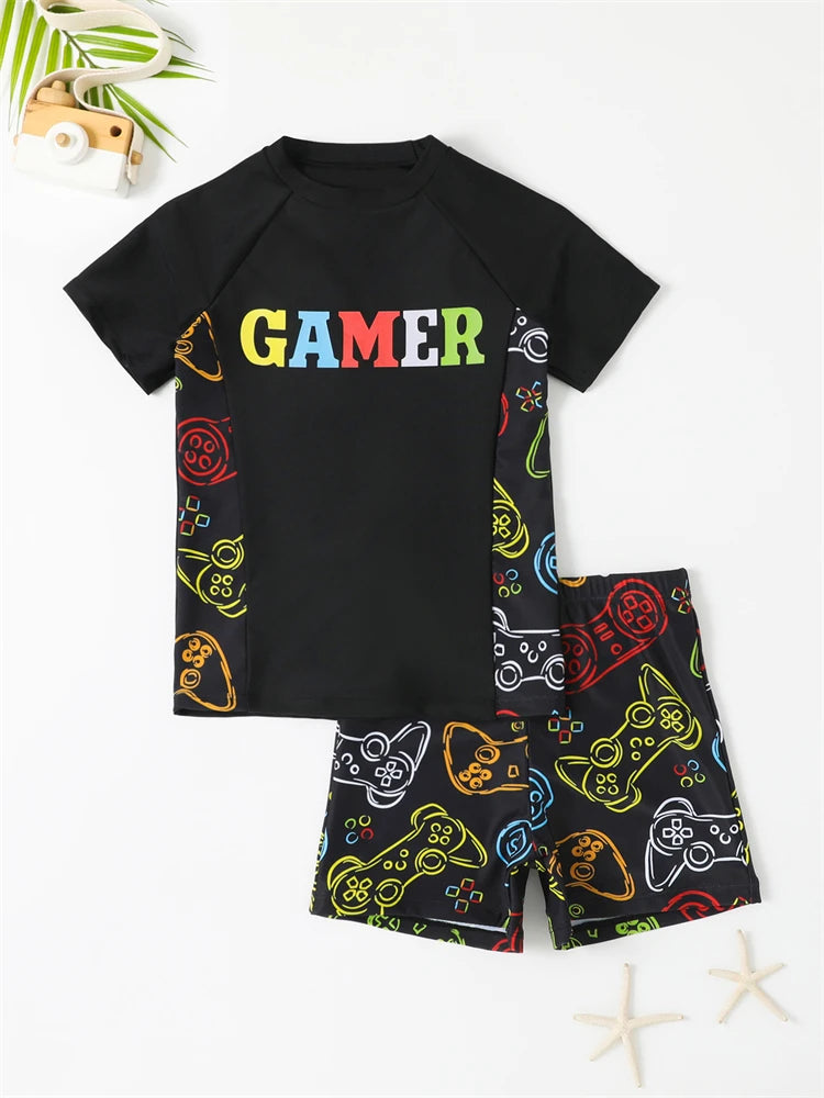 Boy Swimsuit 2026 New Graffiti Print Short Sleeve Children Swimwear Summer Two Piece Kids Beach Wear Swimming Bathing Suit Boys