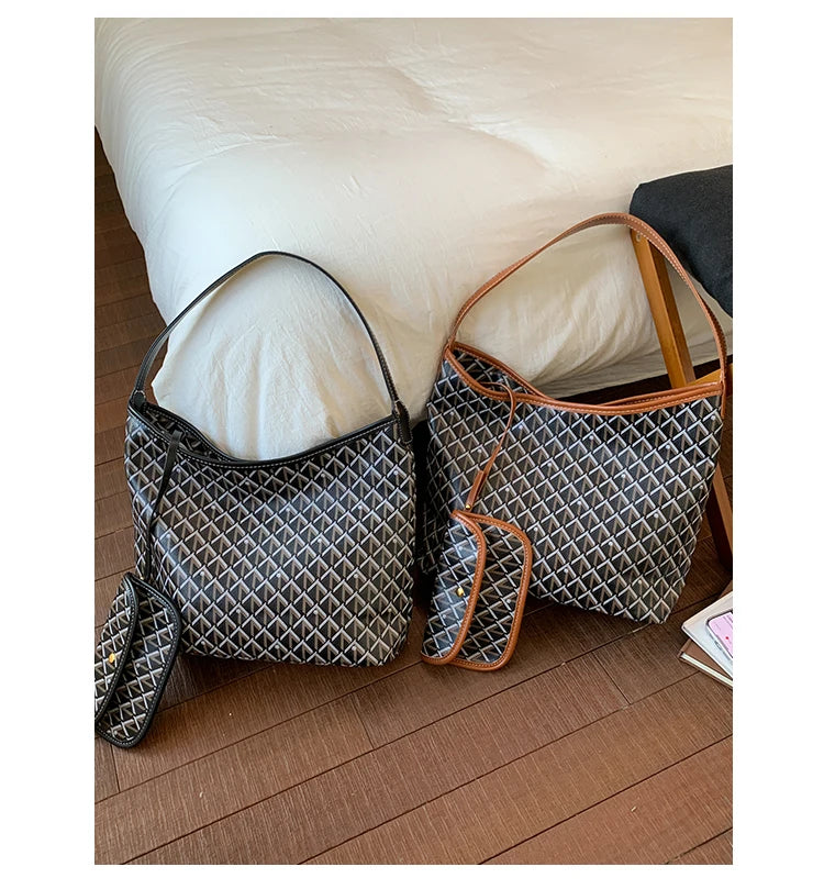 Large Capacity Women's Shoulder Bag Fashionable Commuter Tote Bag Soft PU Leather Printed Geometric Pattern Autumn New Arrival