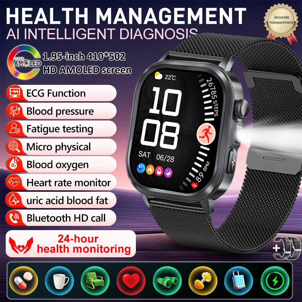 New Accurate Blood Pressure Smart Watch Uric Acid ECG+PPG Blood Oxygen Body Analysis Body Fat LED Flashlight smart watches 2025