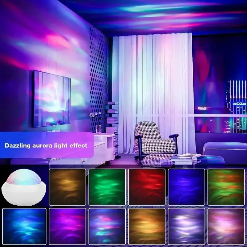 Aurora light projector creating colorful lighting effects in a modern living room