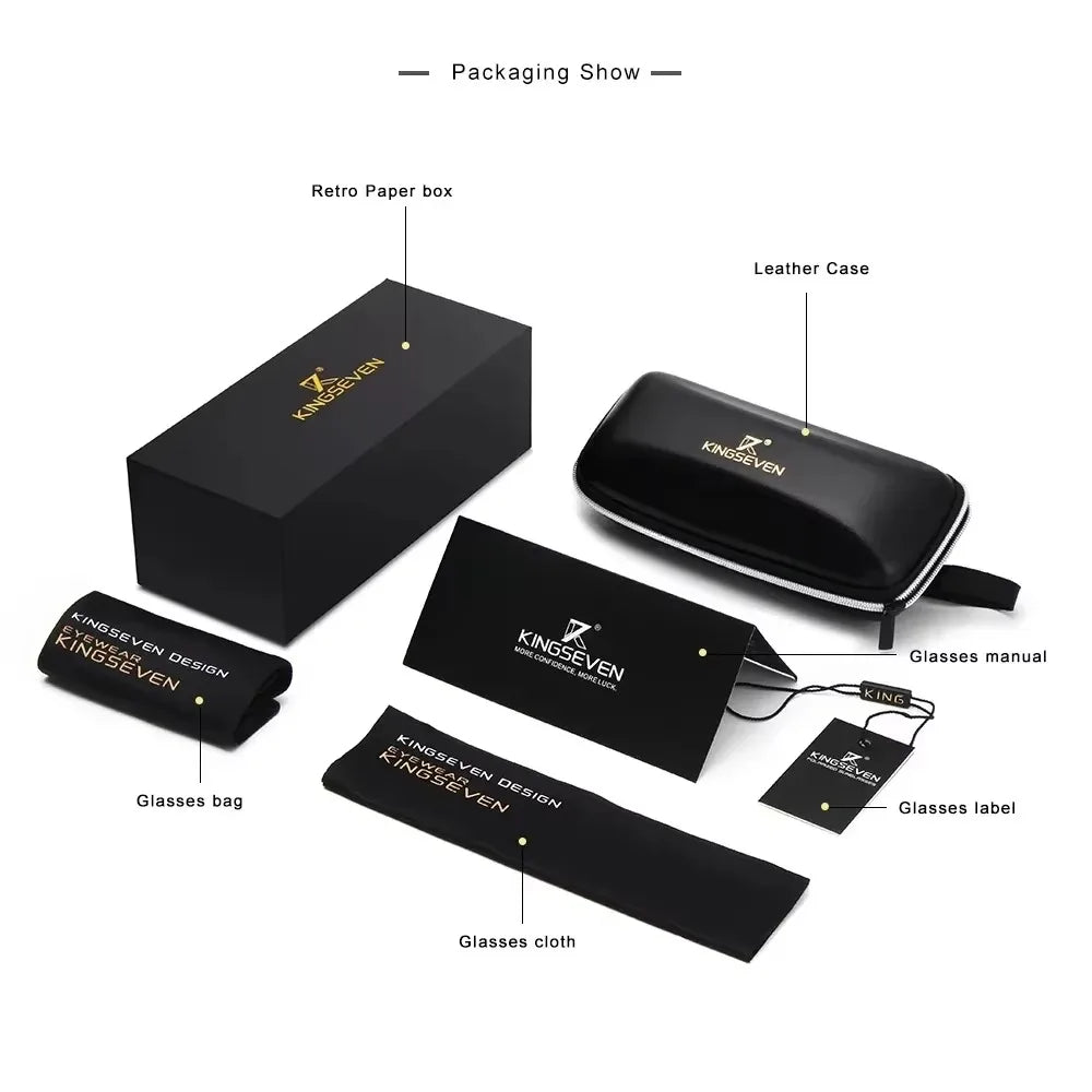 Sunglasses packaging set with black box, leather case, glasses bag, cleaning cloth, manual, and label.