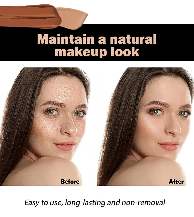 Before and after makeup comparison showing natural, flawless foundation coverage on a woman's face.