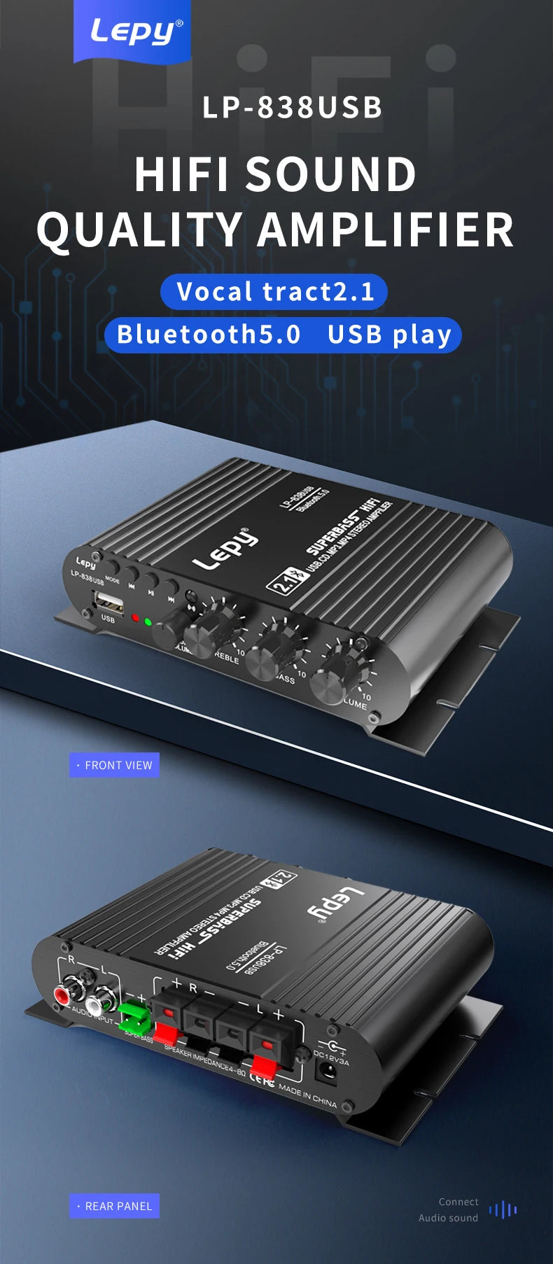 LP-838USB 2.1Channel Amplifier 12V Car Home Amp USB BT Lossless Music Play Digital Audio Amplificador with Remote Control HiFi