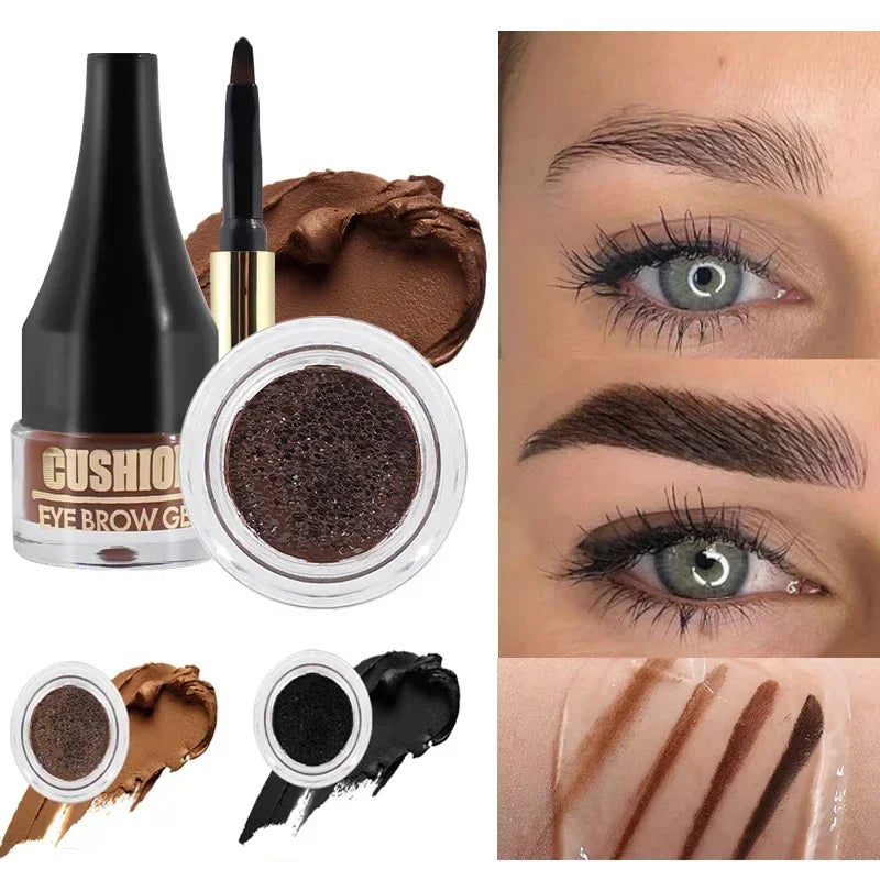 Eyebrow gel set in multiple shades with application brush, swatches, and before-after eyebrow results.