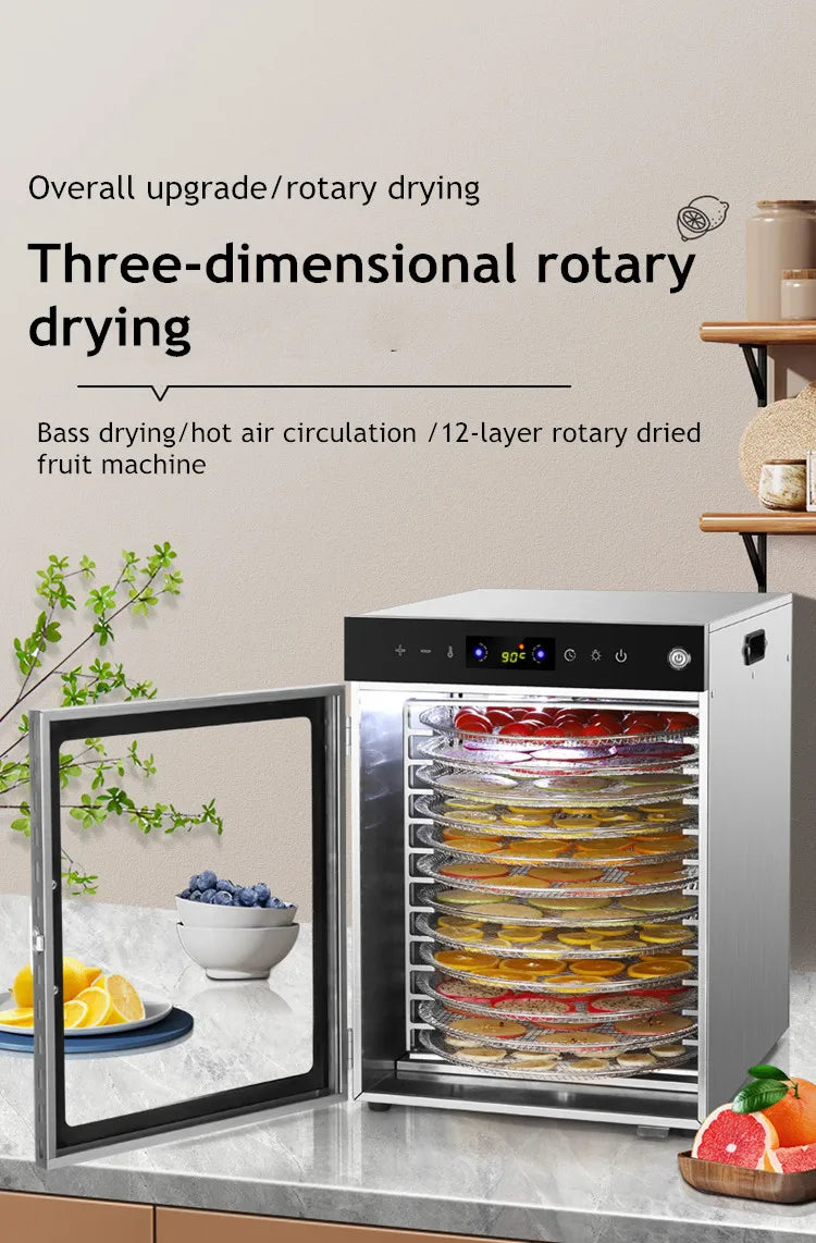 10/12/16 Tier Rotary Food Dehydrator Smart Commercial & Home Dryer for Fruit, Veg, Meat, Snacks, Herbs