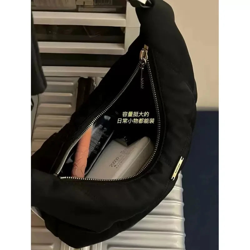 Retro Black Cloud Handbag Women's Shoulder Bag Crescent Bag Underarm Bag Fashionable Nylon Pure Color Casual Crossbody Bag