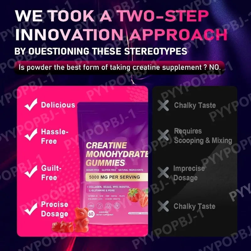 Creatine Monohydrate Gummies Daily Pre & Post Workout Recovery Support Contain Collagen,Biotin,Vitamin & Hyaluronic Acid 60count