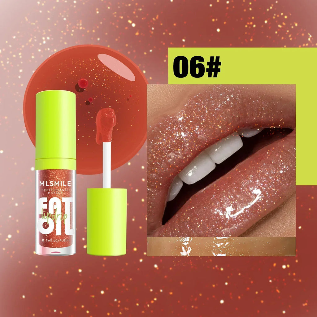 Shimmery orange lip gloss in tube with applicator, closeup of glossy lips, shade 06#