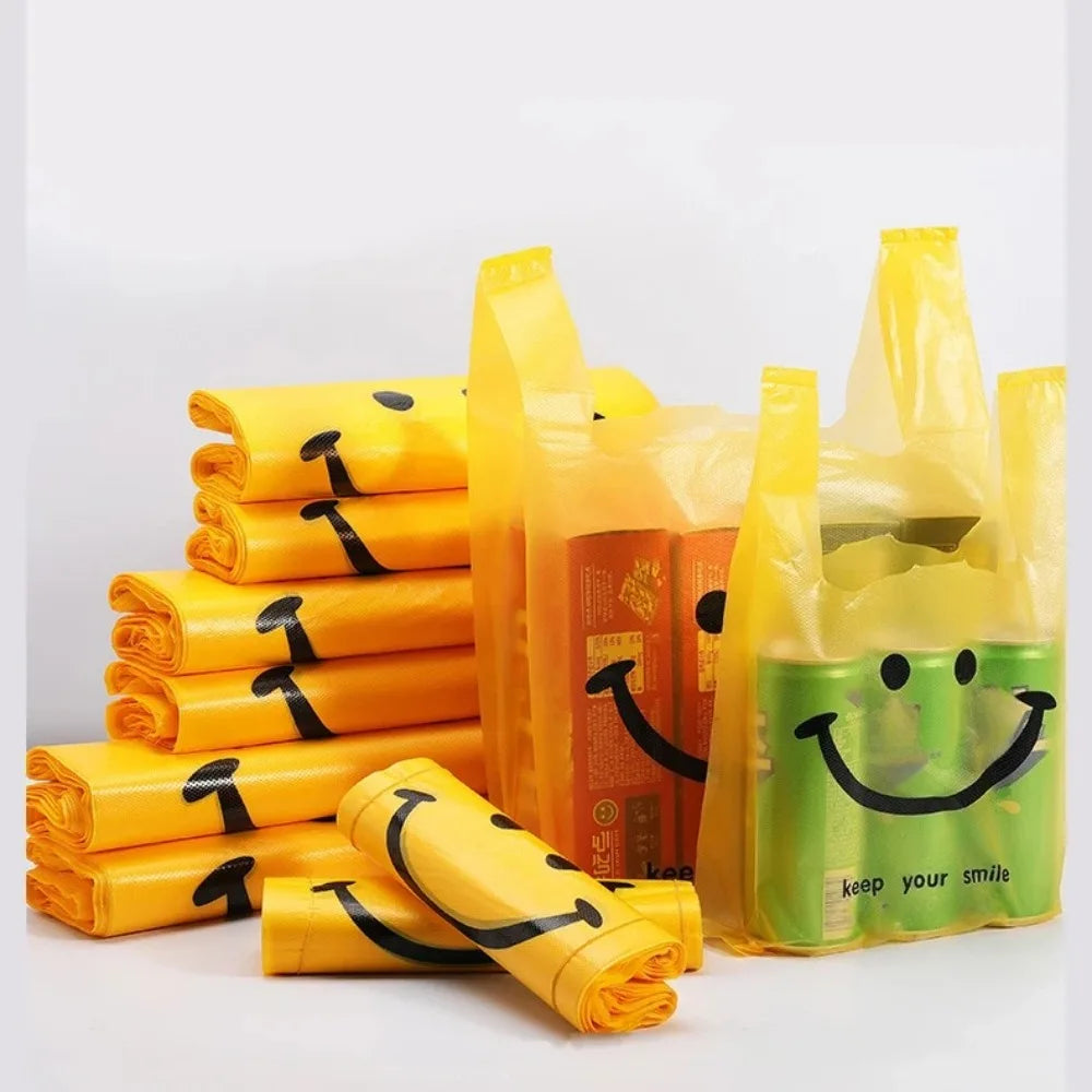 200-50Pcs Plastic Shopping Bags with Handle  3 Sizes Supermarket Shopping Convenient Reusable Bag Kitchen Storage Plastic Bag
