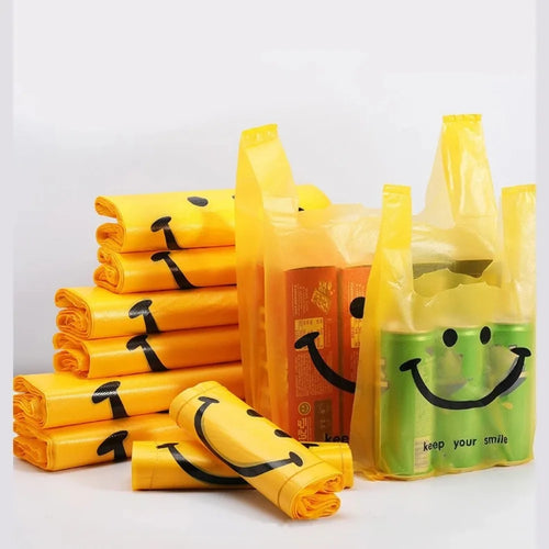 200-50Pcs Plastic Shopping Bags with Handle  3 Sizes Supermarket Shopping Convenient Reusable Bag Kitchen Storage Plastic Bag