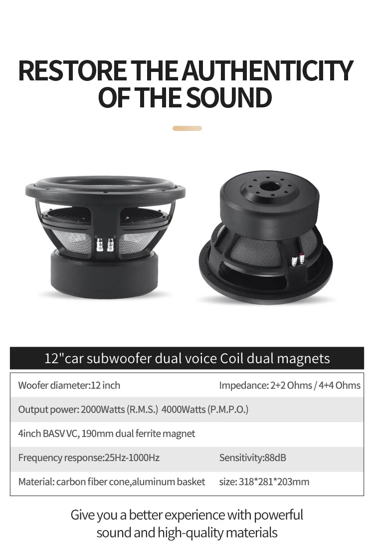 Bass Sub Woofer Dual 2/4ohm Powered 12 Inch Car Subwoofer Basket  Magnents 1500w Car Speaker