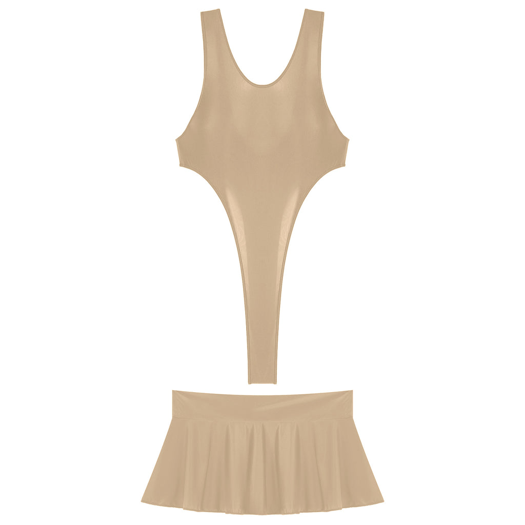 Maillot Bain Brillant Bodysuit Mini Jupe Femme