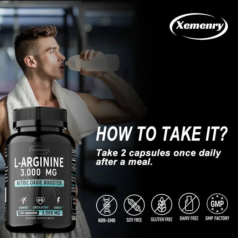 L-Arginine 3000mg - Contains Amino Acids, Supports Blood Flow and Heart Function, Promotes Muscle Growth, Boosts Energy