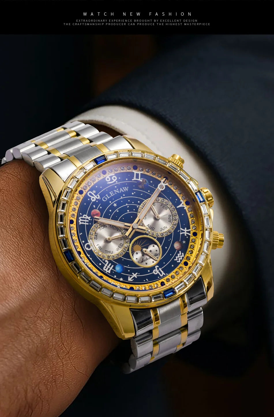 Glenaw top brand luxury fashion personalized fully automatic mechanical gold watch men's luminous waterproof watch