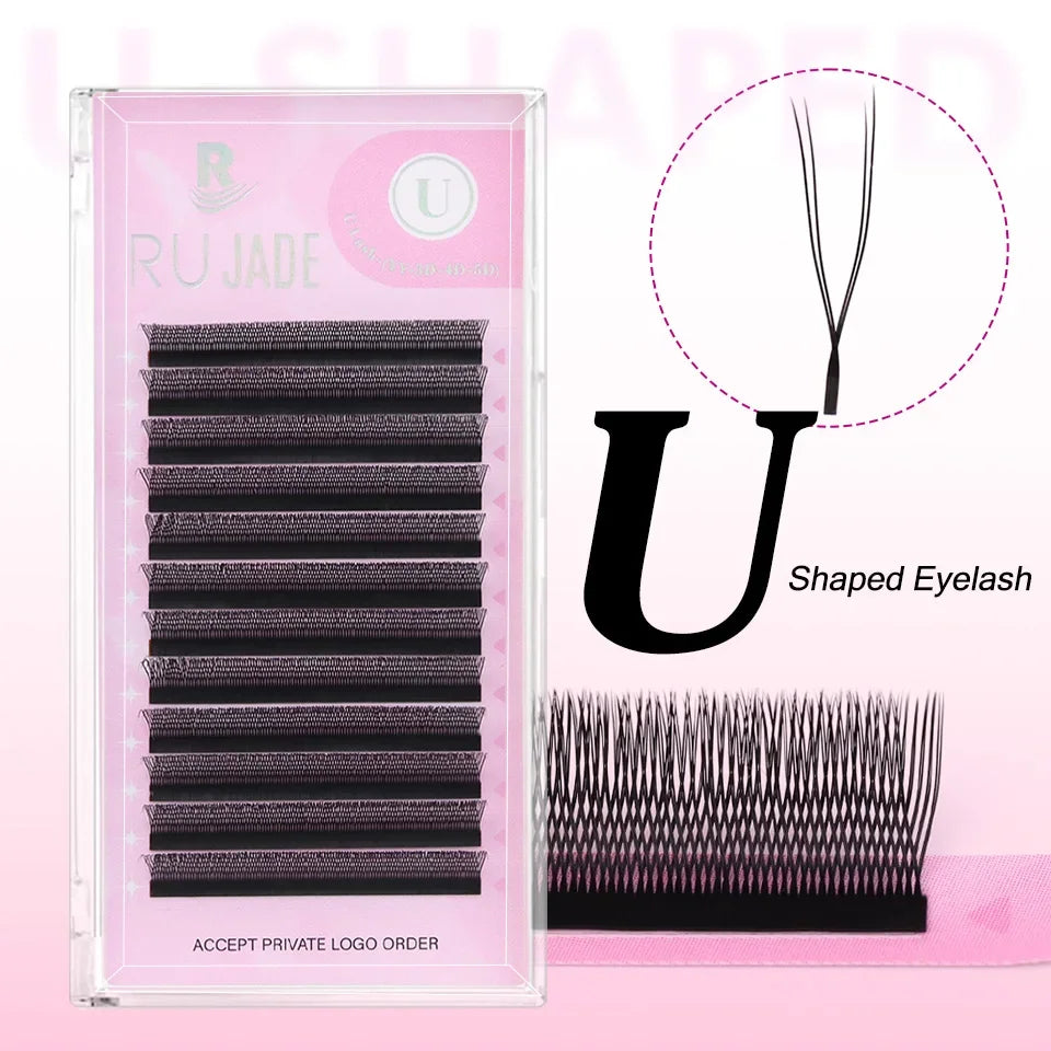 U shaped eyelash extensions tray with closeup of individual false lashes on pink background