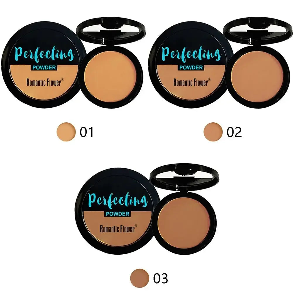 Perfecting powder compact makeup in three shades, Romantic Flower brand, shown open and closed.