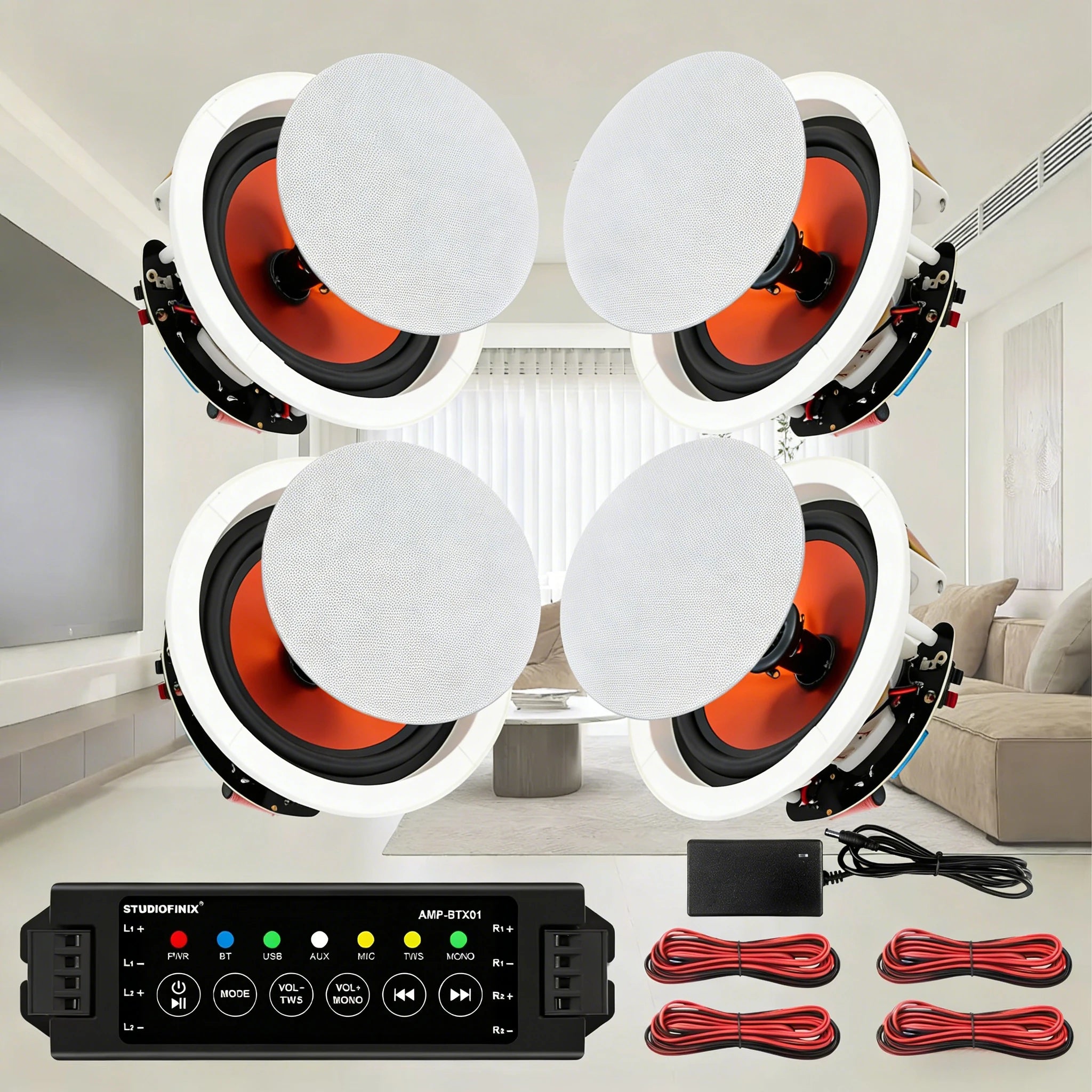 STUDIOFINIX 6.5" 4PCS 600W Premium Waterproof Bluetooth Ceiling Speakers - Wired Home Recessed Set for Indoor Kitchen Bedroom