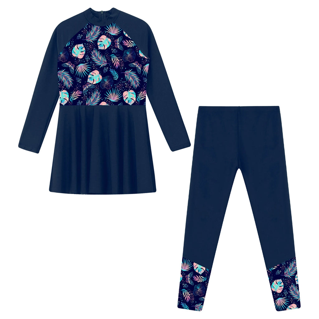 Girls Swimsuits 2 Piece Rash Guard Set UPF 50 Sun Protection Long Sleeve Swim Dress with Leggings Kids Full Body Cover Beachwear