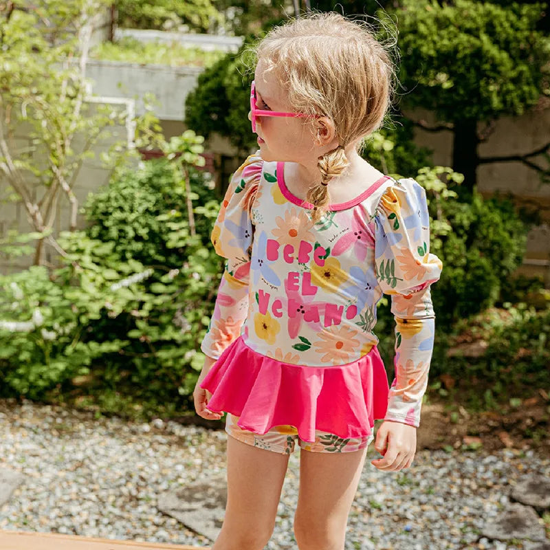 Swimming Suit for Girls Boys Cute Printed Long Sleeve Trousers Beach Swimwear for Kids Quick-dry Swimdress