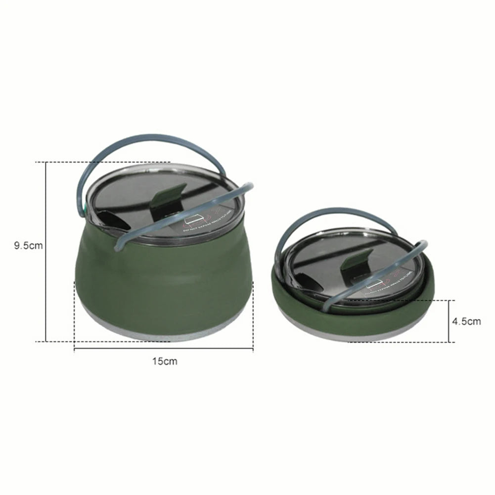 1.5L Silicone Kettle with Handle 1L Camping Cook Pot Stainless Steel Bottom Collapsible Water Cup/Bowl for Camping Backpacking