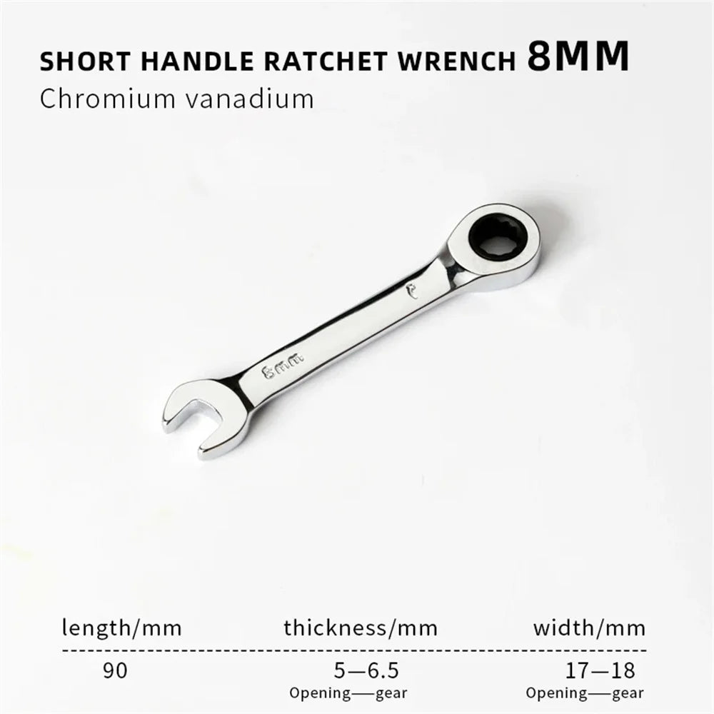 6-19mm Stubby Ratchet Spanner Short Ratchet Wrench Car Repair Hand Tools 72 Tooth Design Short Handle Dual-purpose Wrench Tool