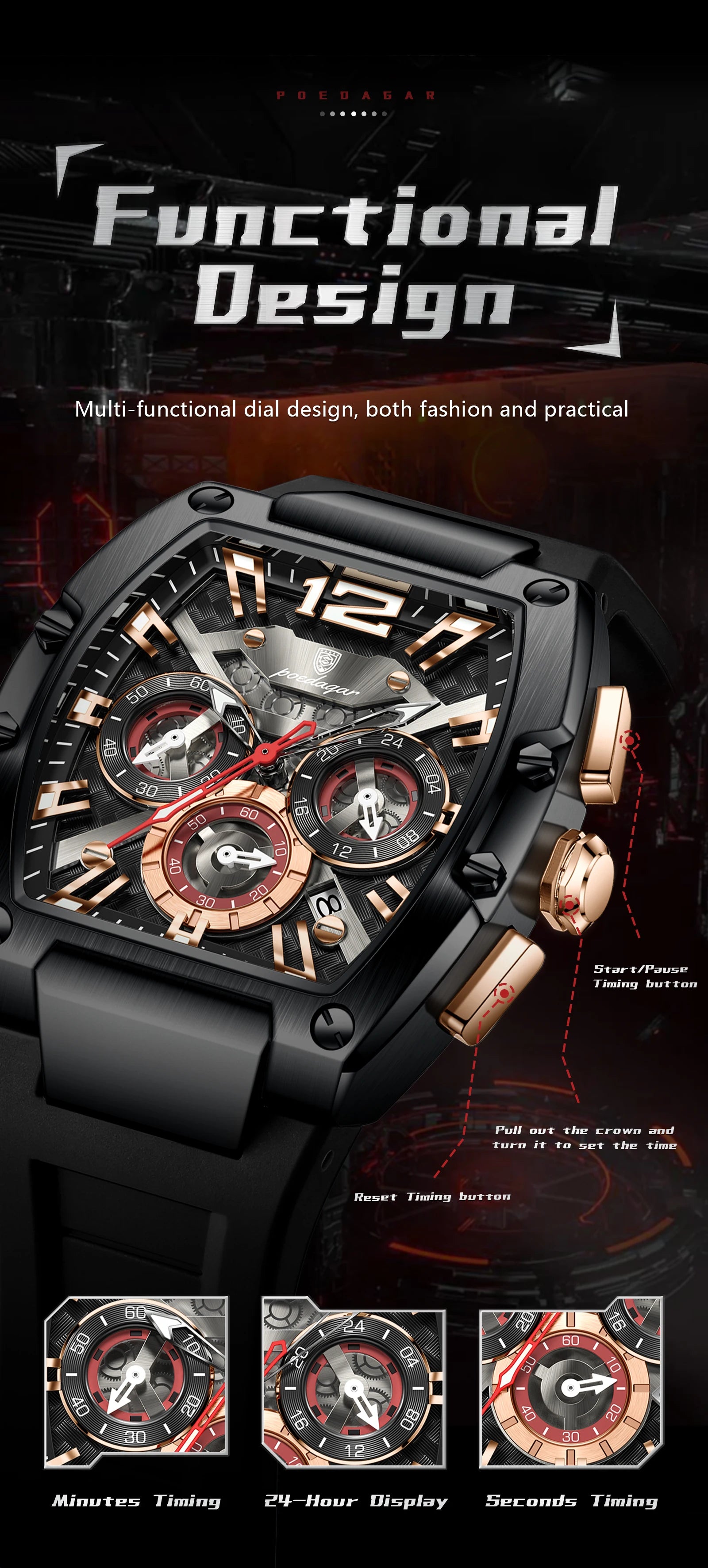 POEDAGAR Luxury Watches For Men Sport Casual Waterproof Luminous Date Man Wristwatch Chronograph Quartz Silicone Men Watch Reloj