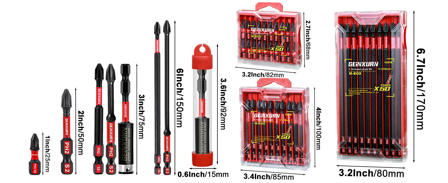 Geinxurn Impact Tough #2 Phillips Insert Driver Bits,Magnetic S2 Steel PH2 Screwdriver Bits Set with Storage M-Box