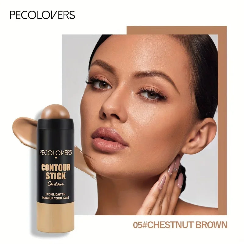 Contour stick chestnut brown next to model with highlighted makeup and flawless skin