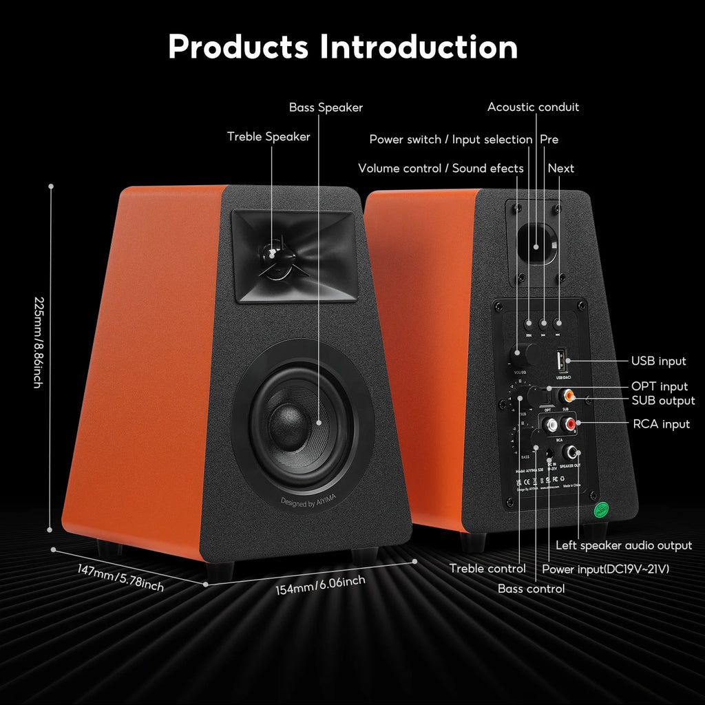AIYIMA S30 Active Bookshelf Speakers Bluetooth 5.3 Wooden 100W Studio Monitor Speakers Hifi Home Theater Subwoofer Orange/White