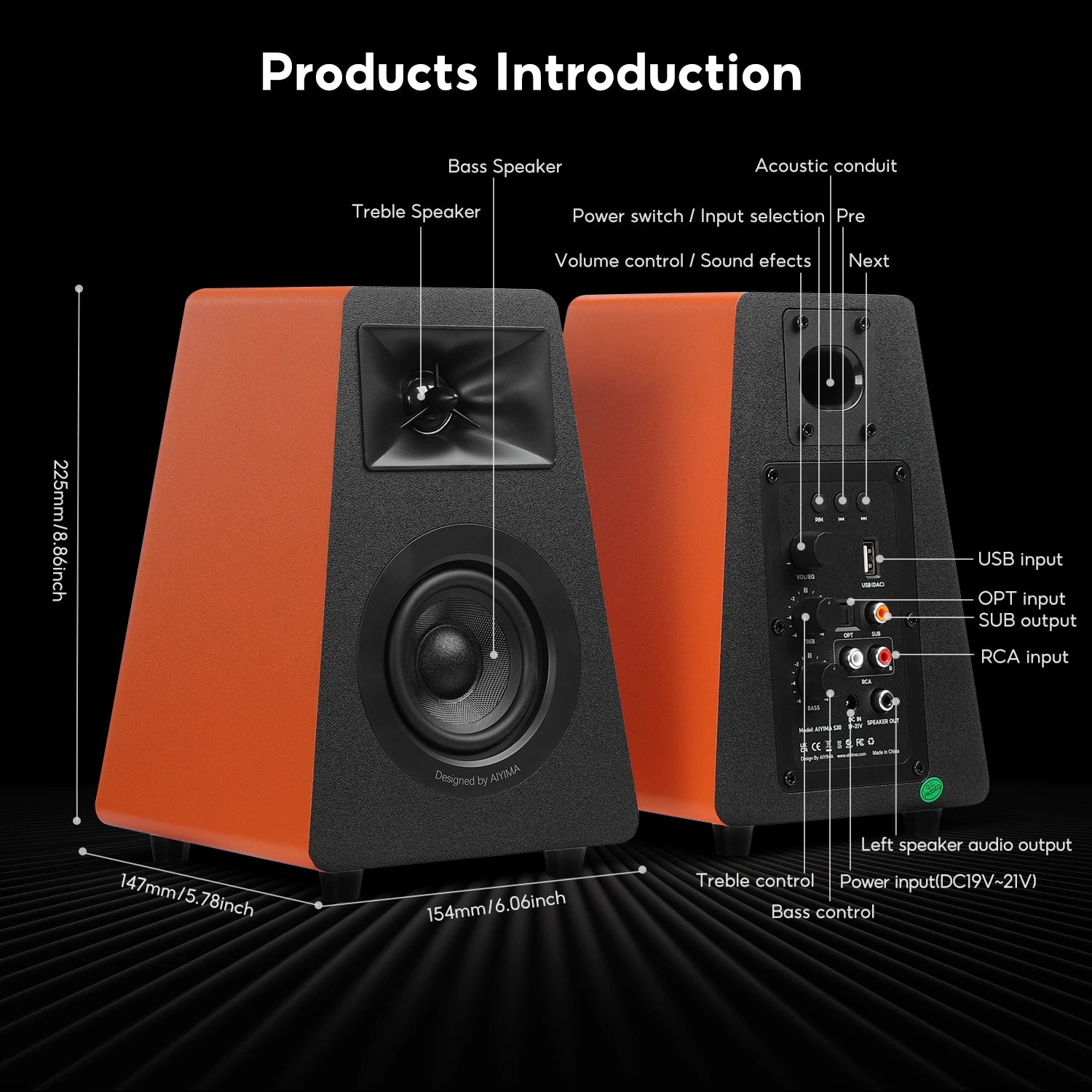 AIYIMA S30 Active Bookshelf Speakers Bluetooth 5.3 Wooden 100W Studio Monitor Speakers Hifi Home Theater Subwoofer Orange/White