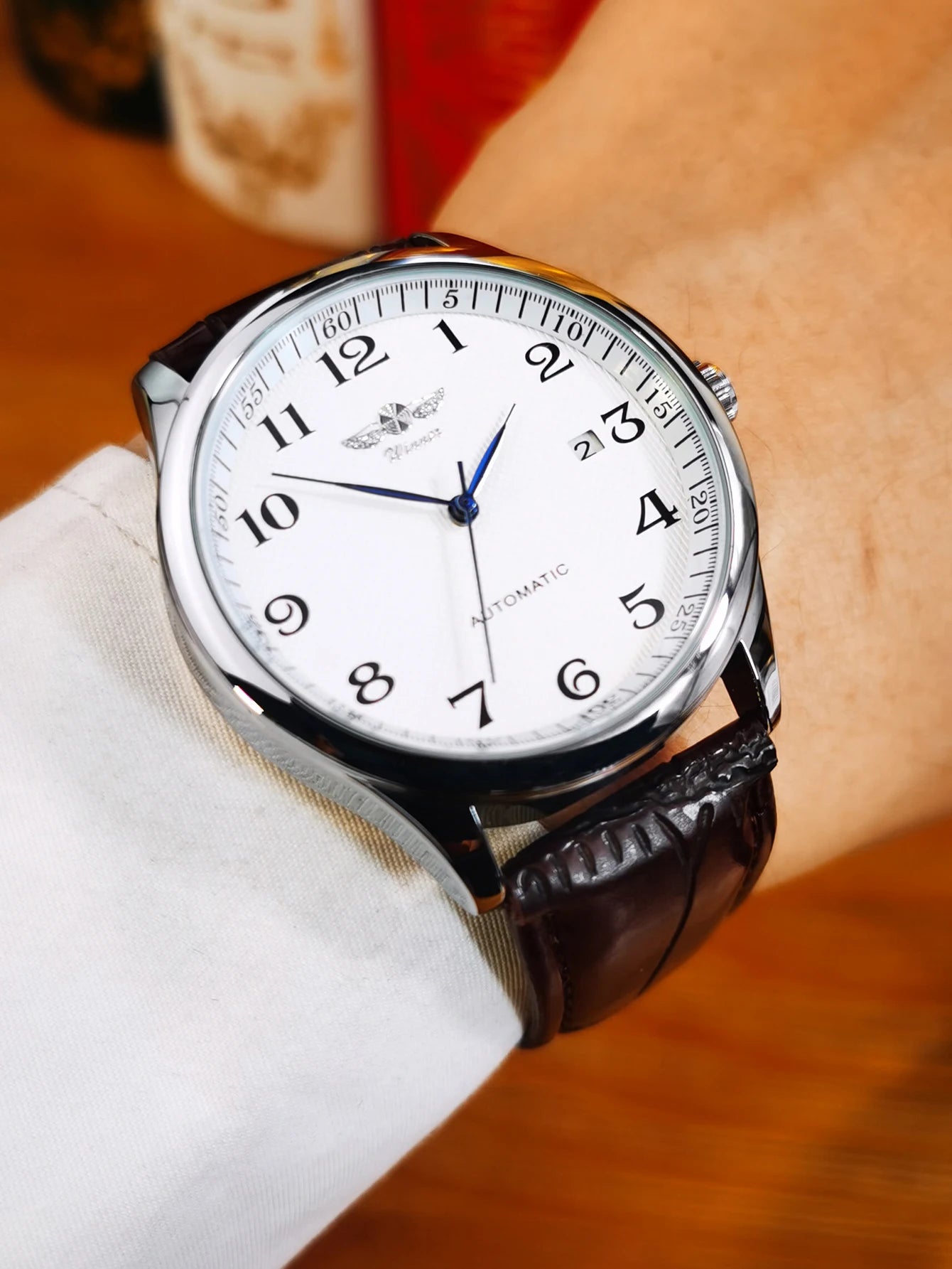 Winner Classic Business Watch for Men Retro Calendar Blue Hands Automatic Mechanical Watches Top Brand Luxury Steel Leather Belt
