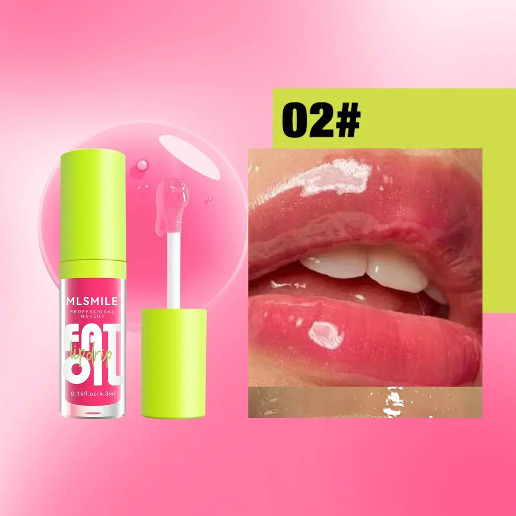 Pink lip oil gloss with green cap and glossy lips displaying vibrant shine, makeup product