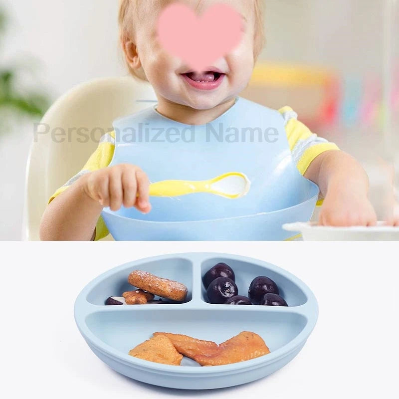 Personalized Logo Name Baby Silicone Dishes Feeding Set Suction Cup Bowl Tableware Kids Bowl Spoon Fork Bib Feeding Set BPA Free