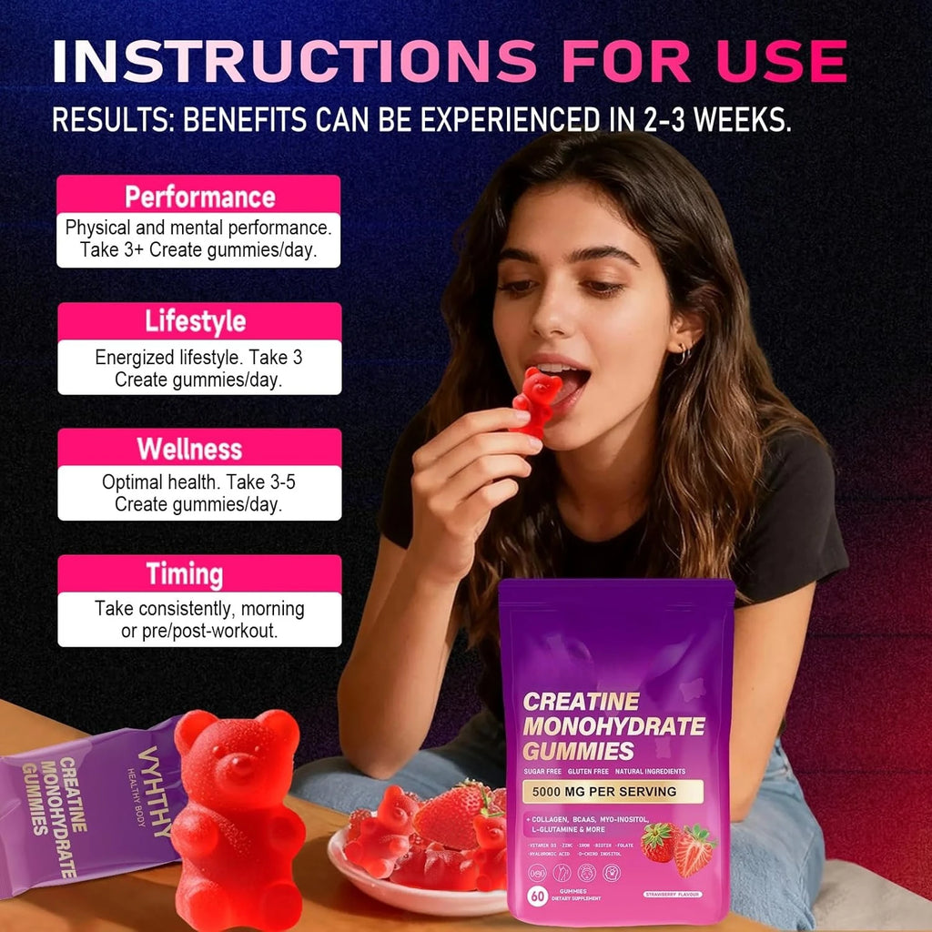 Creatine Monohydrate Gummies Daily Pre & Post Workout Recovery Support Contain Collagen,Biotin,Vitamin & Hyaluronic Acid 60count