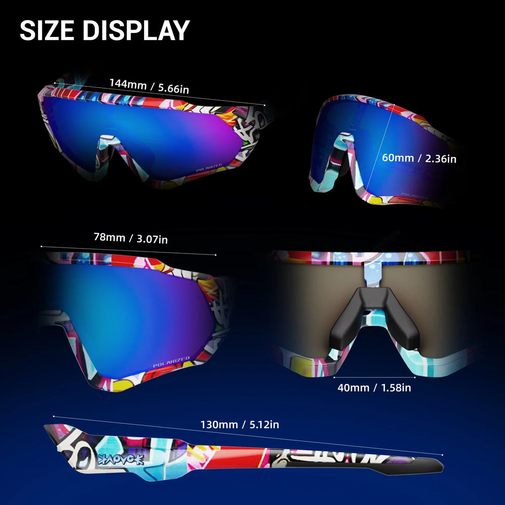Colorful polarized sports sunglasses with blue mirrored lens, size measurements displayed