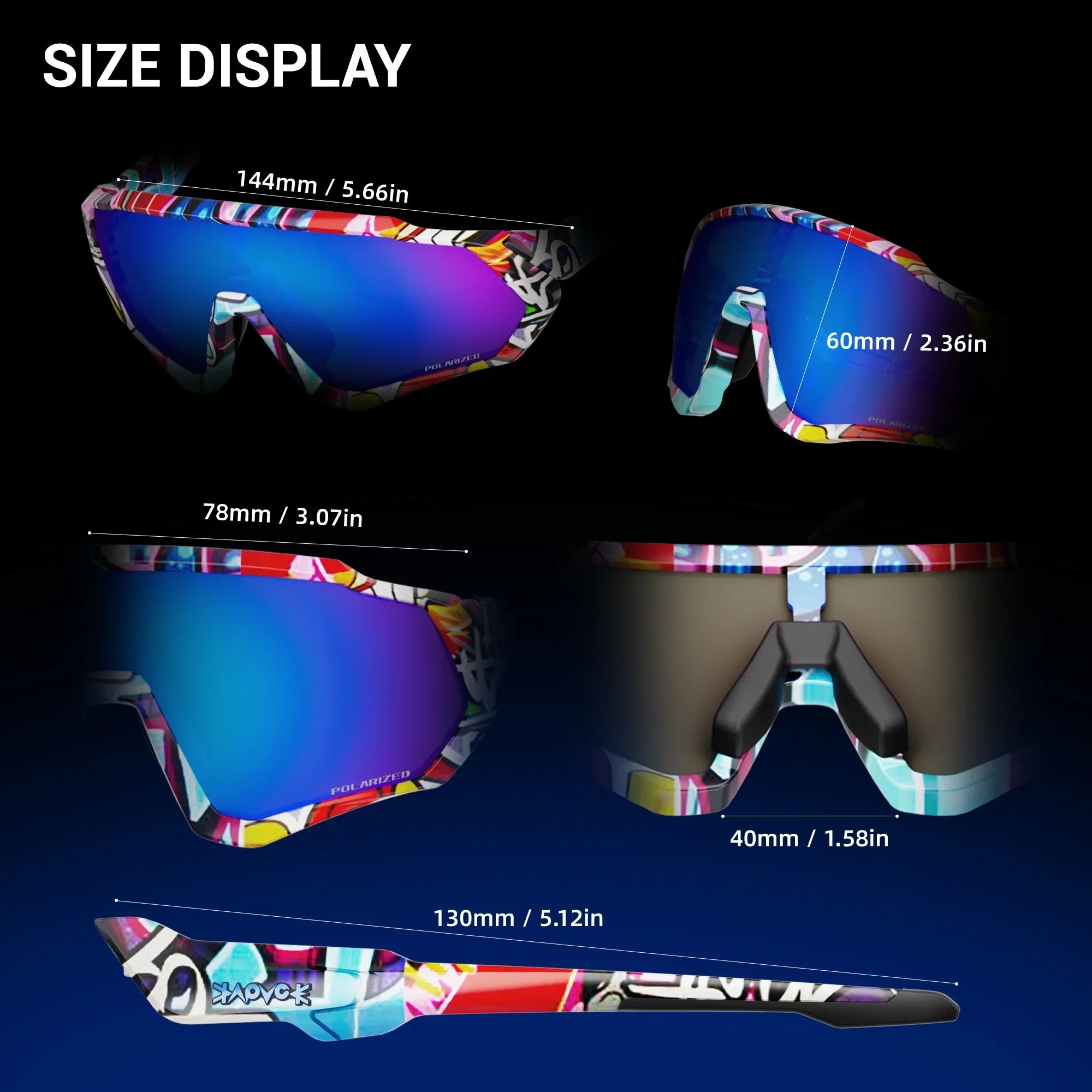 Colorful polarized sports sunglasses with blue mirrored lens, size measurements displayed