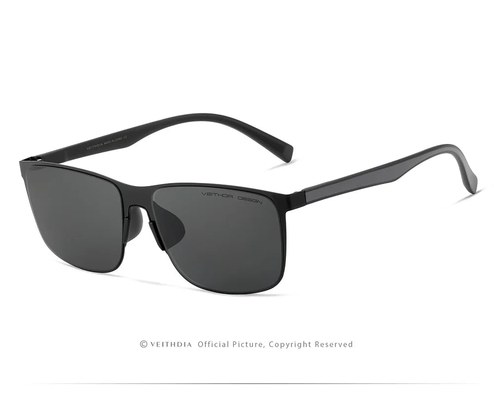 Men's rectangular black sunglasses with dark lenses, modern unisex eyewear.