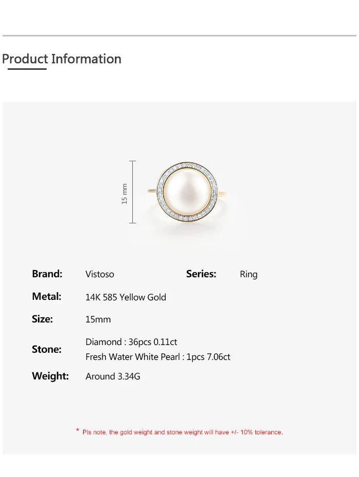 VISTOSO Authentic 14K 585 Yellow Gold Rings For Women Sparkling Diamond Fresh Water Pearl Round Wedding Set Trendy Fine Jewelry