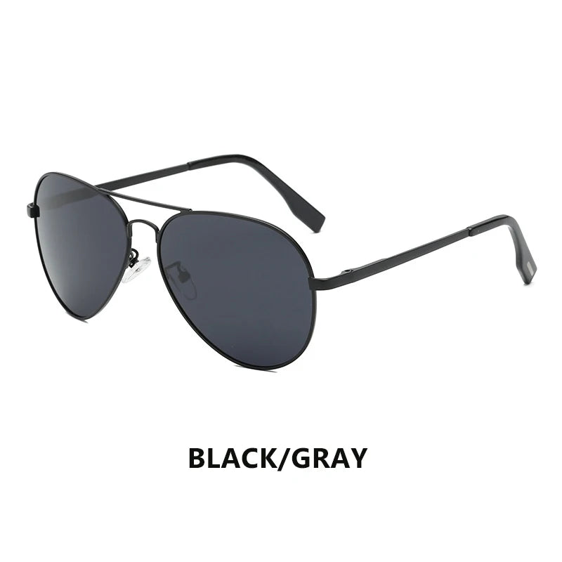 Black and gray aviator sunglasses with dark lenses on a white background