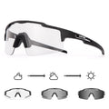 Photochromic cycling sunglasses with black frame and clear lens, adapting to light conditions
