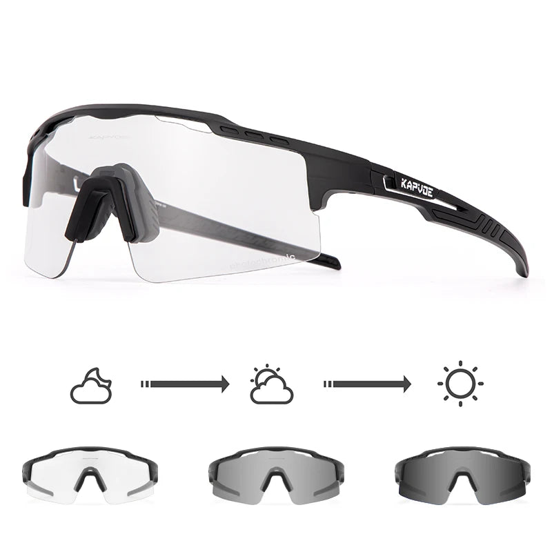 Photochromic cycling sunglasses with black frame and clear lens, adapting to light conditions