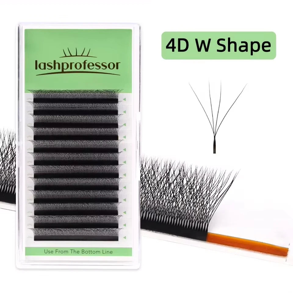 4D W shape eyelash extensions tray with black lash fans and tweezers on white background