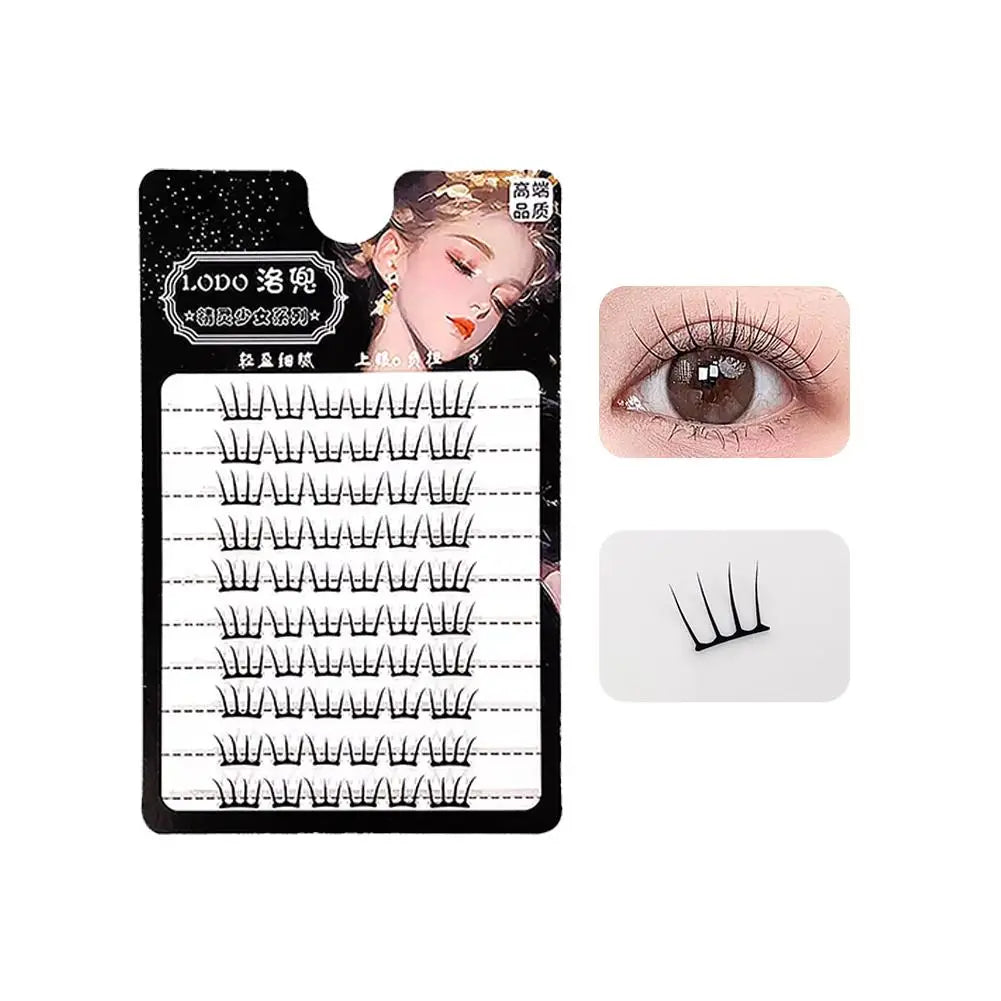 Pack of individual false eyelashes with close-up of natural eye and eyelash cluster insert
