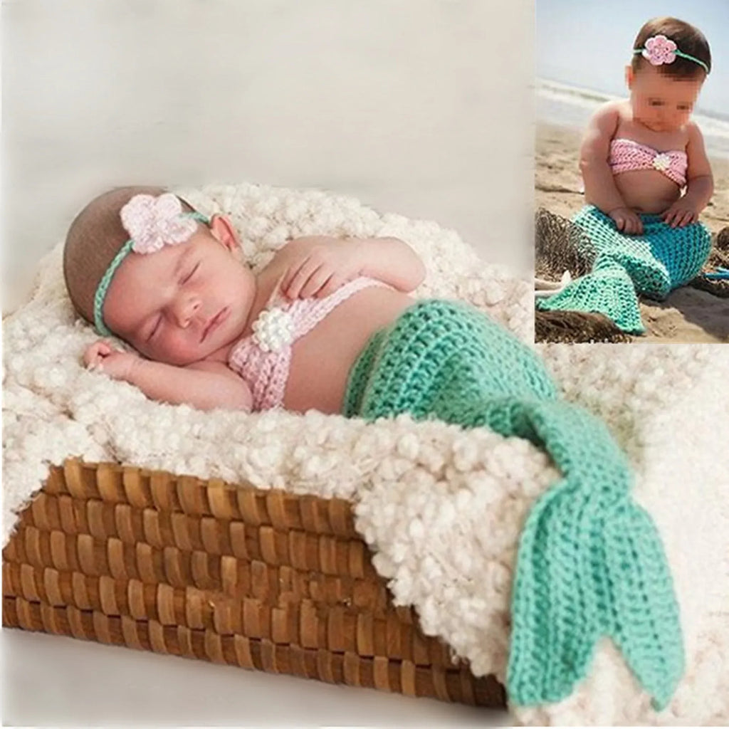 Light Blue Knitted Mermaid 3pc Set Headwear Fish Tail Top Newborn Garment Infant Studio Portrait Shooting Basic Photography Wear