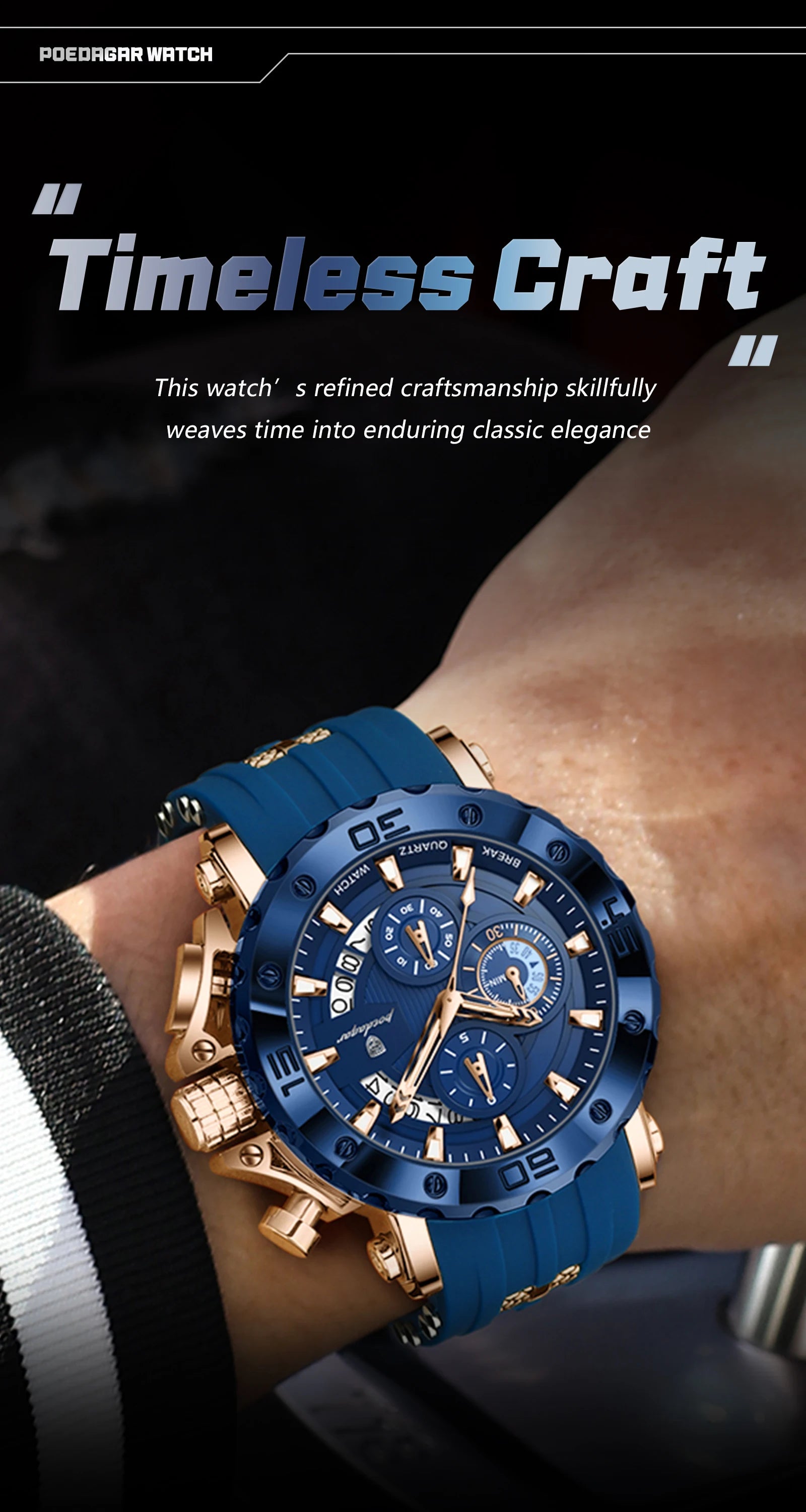 POEDAGAR Original Luxury Man Watch Chronograph Waterproof Luminous Sports Men Clock Calendar Silicone Strap Quartz Men's Watches