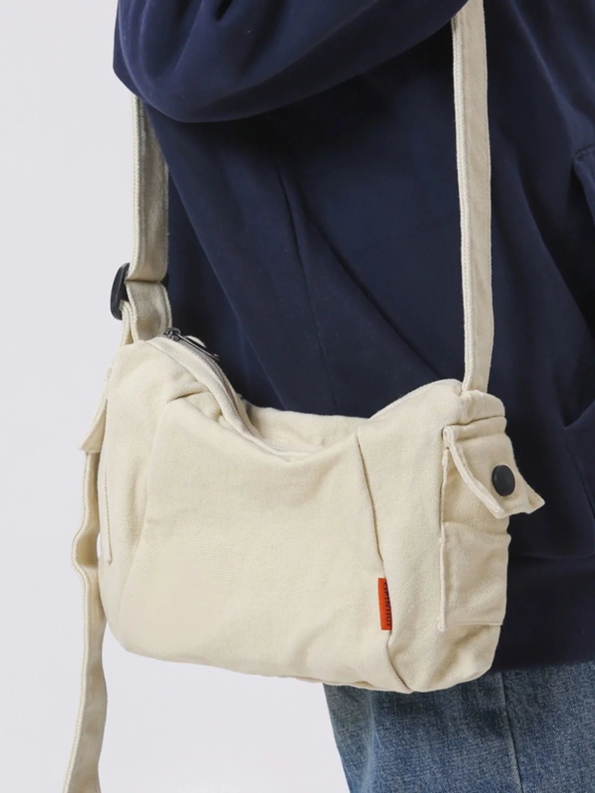 Retro Canvas Shoulder Bag Men's Casual Crossbody Pouch Zipper Book Commuting Leisure Vintage Backpack Youth Pure Color
