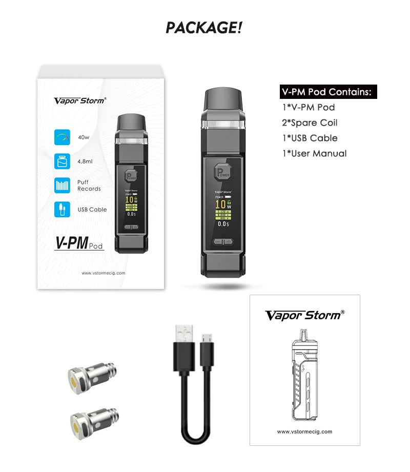 Vapor Storm VPM40 40W Pod Mod Starter Kit Mesh Coils 4.8ml Cartridge fit 18650 Battery E Cigarette V-PM40 Nova Nord Drag System