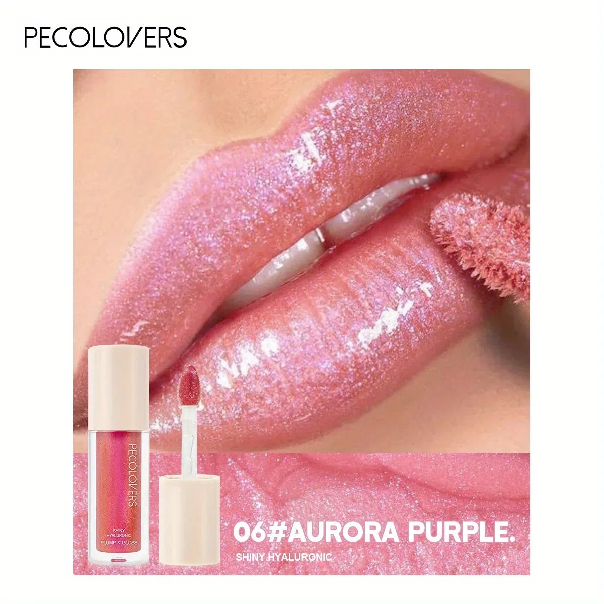 Shimmery pink lip gloss applied to lips with applicator, labeled Aurora Purple 06.